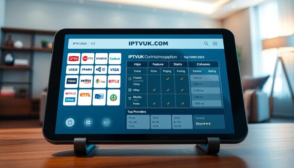 A detailed and engaging comparison of IPTV services, featuring a sleek digital interface displaying various IPTV provider logos, including "IPTVVUK.COM", on a futuristic screen. In the foreground, a close-up of a professional-grade tablet showcasing a user interface with channel options. The middle section includes a visually appealing infographic comparing pricing, features, and customer ratings of top IPTV providers for 2023, presented clearly with graphs and icons. In the background, a modern living room setting with soft ambient lighting that creates a relaxed atmosphere. The image should have a slight depth of field effect, bringing focus to the tablet while the background remains subtly blurred. The overall mood is informative and contemporary, designed to attract the viewer’s attention to the IPTV comparison theme. A detailed and engaging comparison of IPTV services, featuring a sleek digital interface displaying various IPTV provider logos, including "IPTVVUK.COM", on a futuristic screen. In the foreground, a close-up of a professional-grade tablet showcasing a user interface with channel options. The middle section includes a visually appealing infographic comparing pricing, features, and customer ratings of top IPTV providers for 2023, presented clearly with graphs and icons. In the background, a modern living room setting with soft ambient lighting that creates a relaxed atmosphere. The image should have a slight depth of field effect, bringing focus to the tablet while the background remains subtly blurred. The overall mood is informative and contemporary, designed to attract the viewer’s attention to the IPTV comparison theme.