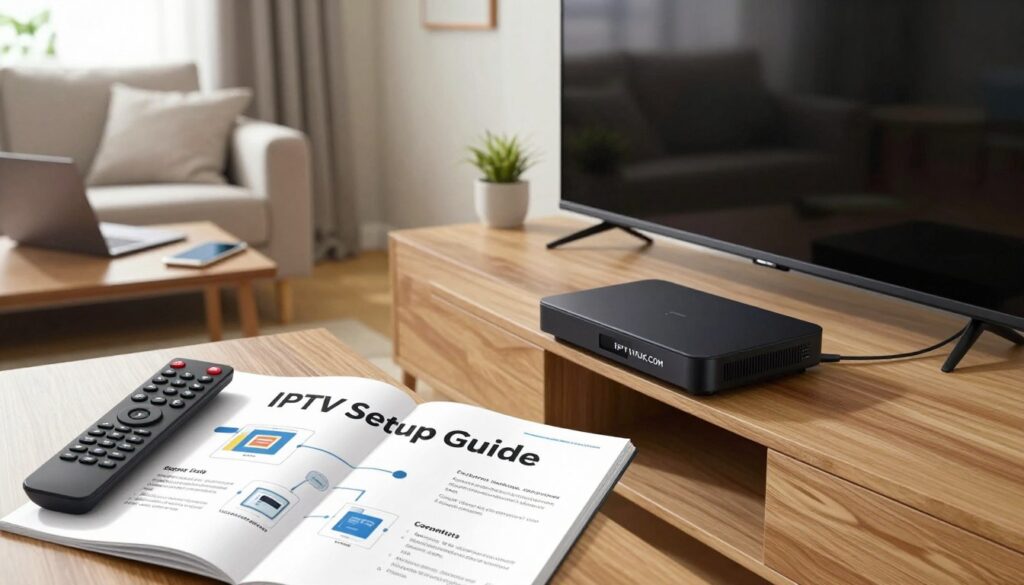 A detailed and visually engaging image of an IPTV setup guide, showcasing a modern living room setting. In the foreground, display a sleek television connected to a stylish IPTV device on a wooden entertainment center. To the side, include a remote control and a user-friendly guidebook titled "IPTV Setup Guide" laid open, with diagrams illustrating the connection settings. In the middle ground, show a cozy couch with a laptop and smartphone on the coffee table, representing additional streaming options. The background features soft lighting, with a window that allows natural light to enter, creating a warm and inviting atmosphere. The overall mood should be informative and approachable, emphasizing ease of use. Include the brand name "IPTVVUK.COM" subtly integrated into the design, ensuring it remains professional and SFW.