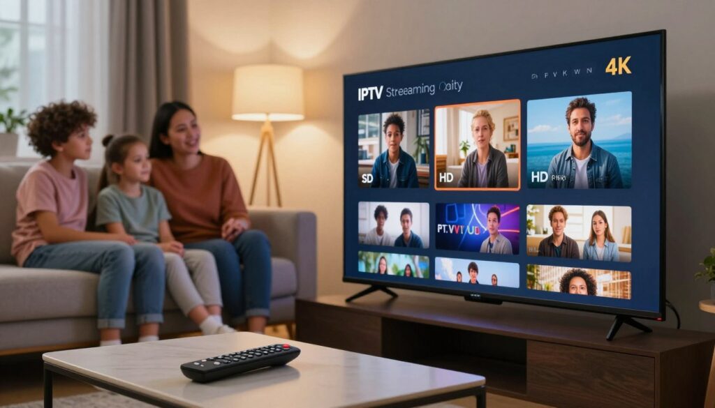 A detailed comparison of IPTV streaming quality, showcasing a sleek and modern digital interface on a large flat-screen TV displaying various video resolutions—SD, HD, and 4K. In the foreground, a remote control lies on a stylish coffee table. In the middle, a family, dressed in casual attire, sits comfortably on a stylish couch, attentively discussing their streaming options. The background features a cozy living room with soft, ambient lighting, emphasizing a warm and inviting atmosphere. Use a shallow depth of field to blur the background slightly, directing focus on the screen and the engaged family. The branding "IPTVVUK.COM" is subtly incorporated into the TV interface design. The overall mood is one of informed decision-making and enjoyment of home entertainment.