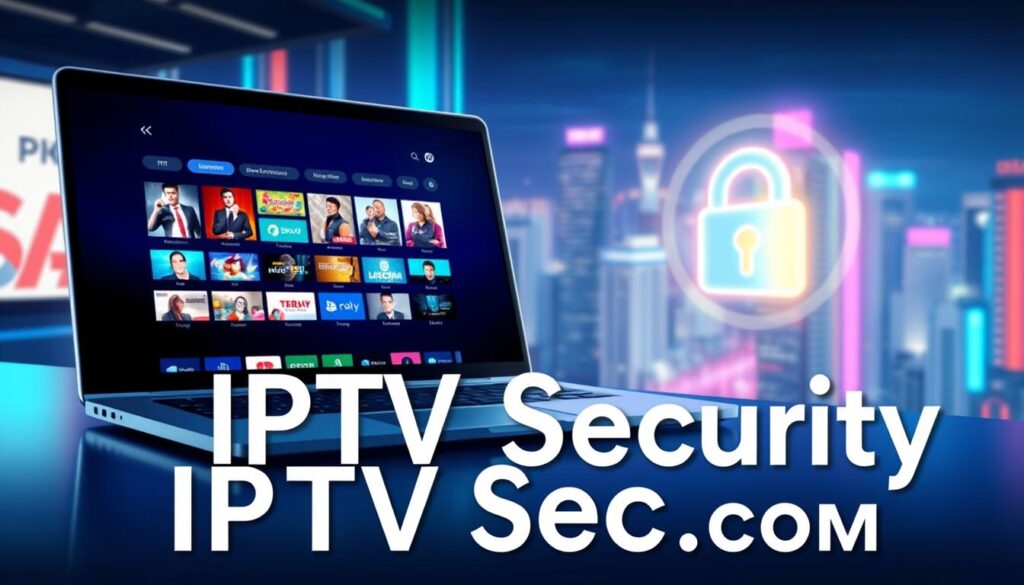 A detailed illustration representing "IPTV Security" in a high-tech setting. In the foreground, a sleek, modern laptop displays an IPTV interface with vibrant streaming options, symbolizing the latest IPTV APK download. In the middle ground, a secure network symbol, like a digital lock and shield, glows gently, emphasizing security measures. The background features a futuristic cityscape with vibrant neon lights, suggesting innovation and technology. Soft blue and green lighting casts a professional and trustworthy ambiance. The scene is captured from a slightly angled perspective to create depth, enhancing the feeling of advancement in IPTV technology. The brand name "IPTVVUK.COM" is subtly integrated into the design, reinforcing the focus on secure and reliable streaming services.