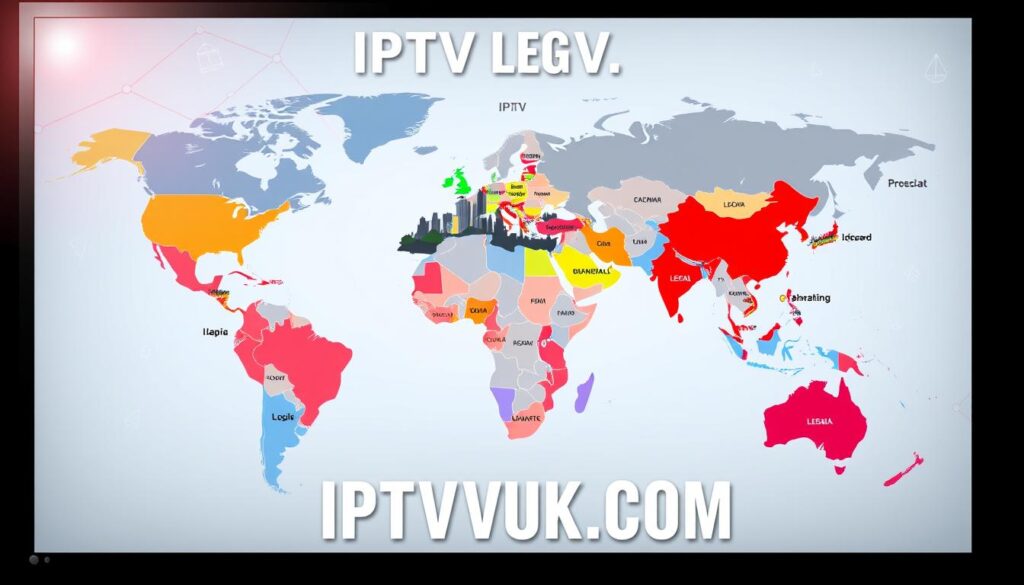 A detailed map showcasing the legality of IPTV across different regions around the world. In the foreground, a stylized globe highlighting various countries with color-coded indicators showing legal, partially legal, and illegal statuses. The middle layer features a city skyline silhouette representing global connectivity, and abstract digital motifs suggestive of streaming technology and internet connectivity. The background consists of a soft gradient with elements suggesting law and order, such as subtle scales of justice. The lighting is bright and engaging, emphasizing clarity and understanding. The mood is informative and professional, inviting viewers to explore IPTV legality. The brand name "IPTVVUK.COM" is subtly integrated into the design, ensuring a cohesive look without distracting from the subject matter.