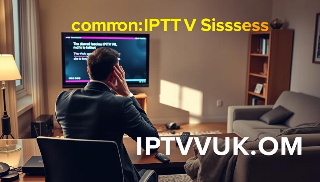 A detailed representation of common IPTV issues. In the foreground, a frustrated person sitting at a modern desk, wearing smart casual attire, looking at a malfunctioning TV screen showing static and error messages. In the middle ground, an array of tech equipment including a streaming device, remote control, and tangled cables. The background features a soft-lit living room environment, with a cozy sofa and a bookshelf, enhancing the at-home vibe. Use warm, natural lighting that creates a slightly gloomy atmosphere to convey frustration and confusion. The overall mood should reflect the challenges and common causes of IPTV failures. Include the brand name “IPTVVUK.COM” subtly integrated into the design elements within the room.