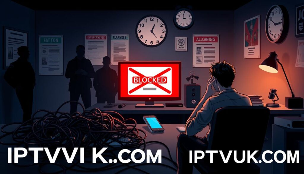 A digital illustration depicting the risks and consequences of using illegal IPTV services. In the foreground, a worried user sits at a desk cluttered with tangled cables and a glowing computer screen displaying a blocked website. The middle ground features ominous silhouettes of law enforcement in the background, symbolizing potential legal issues. The background includes a dimly lit room showcasing posters related to cybersecurity threats and a clock ticking ominously. Use dramatic lighting to create a tense atmosphere, with shadows enhancing the sense of danger. The mood is cautionary and serious, emphasizing the dangers of illegal services. Include a modern touch by integrating elements like a smartphone displaying a warning message or an alarm symbol. Incorporate the brand name "IPTVVUK.COM" subtly in the image’s design.