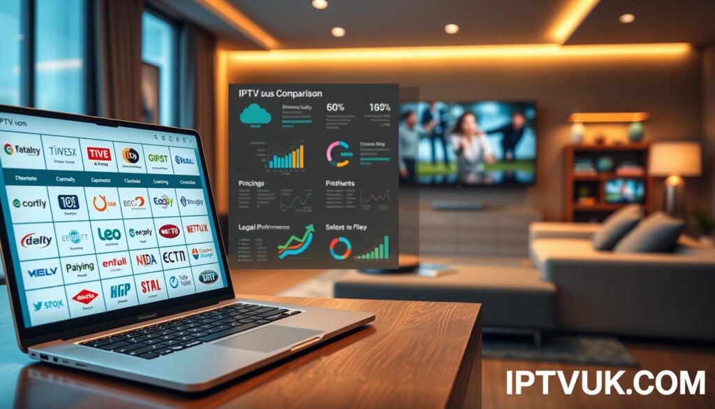 A digital workspace featuring a comparison of IPTV services, showcasing a sleek, modern desk in the foreground with a high-resolution laptop open to a grid of IPTV provider logos and features like "Streaming Quality," "Channels Available," and "Pricing." In the middle ground, there are stylish charts and infographics illustrating the performance metrics of various legal IPTV providers. The background includes a soft-focus view of a contemporary living room setting, with a large TV displaying a streaming interface, all bathed in warm, inviting lighting that conveys a feeling of comfort and reliability. The overall atmosphere is professional yet accessible, portraying IPTV as a safe and attractive streaming option. Prominently displayed is "IPTVVUK.COM," integrated into the laptop interface, emphasizing its role in the comparison.
