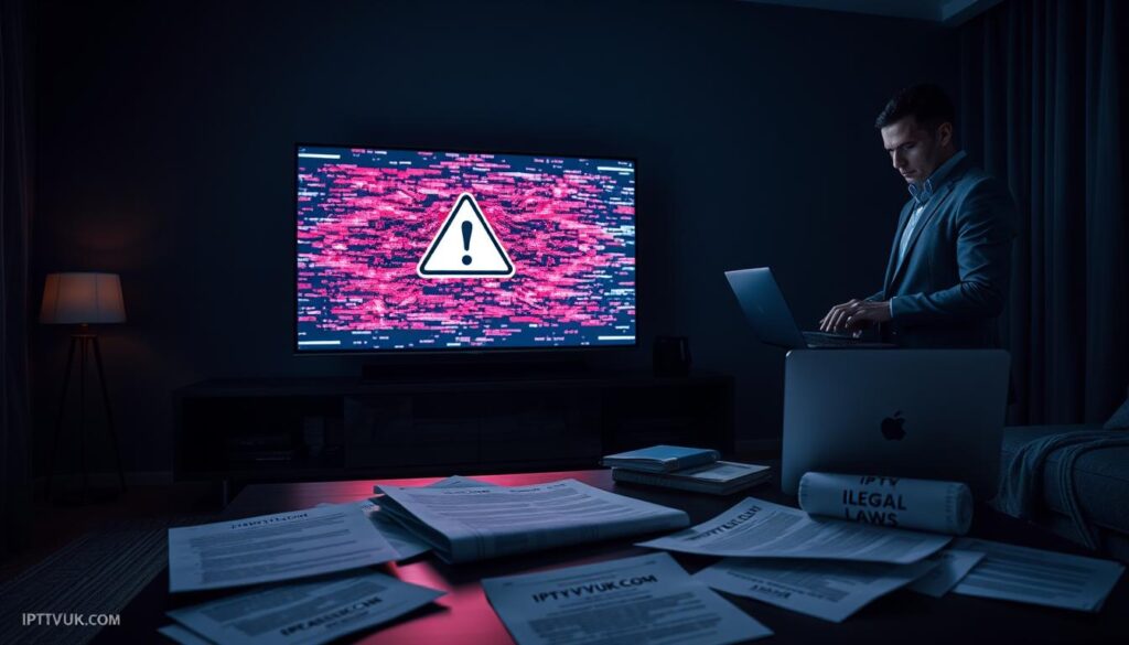 A dimly lit room with a sleek, modern entertainment setup in the foreground, featuring a large flat-screen TV displaying a distorted, glitchy image symbolizing illegal IPTV content. A concerned individual, dressed in professional attire, stands by the TV, looking at their laptop, where a warning symbol appears on the screen. In the middle ground, scattered papers and legal documents related to broadcasting laws lay on a coffee table, hinting at the consequences of illegal streaming. The background reveals a darkened living space with shadows, creating a tense atmosphere, suggesting the looming legal risks. Use dramatic shadows and a cool color palette to enhance the mood and focus on the theme. Include the brand name "IPTVVUK.COM" subtly integrated into the design within the scattered documents.