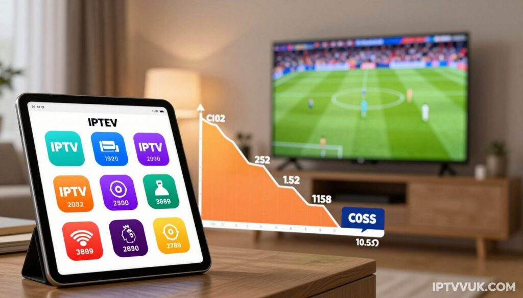 A dynamic and informative image showcasing a pricing comparison between IPTV services and traditional Premier League packages. In the foreground, a sleek tablet displays vibrant icons representing various IPTV services, each with distinct color schemes and prices. In the middle, a visually engaging graph or chart compares these prices alongside traditional cable packages, emphasizing cost differences. The background features a modern living room setting, warmly lit, with a flat-screen TV prominently displaying a Premier League match. The atmosphere conveys a sense of informed decision-making, appealing to viewers considering their options. The branding "IPTVVUK.COM" subtly appears in the bottom corner, harmonizing with the overall design while maintaining a professional tone.