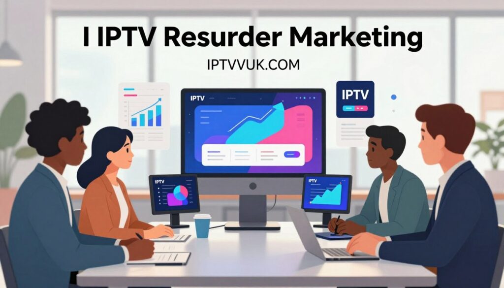A dynamic and professional illustration showcasing the theme of "IPTV Reseller Marketing." In the foreground, depict a diverse group of four business professionals dressed in smart attire, actively discussing strategies around a sleek table, with modern electronic devices displaying vibrant IPTV graphics. In the middle ground, incorporate visual elements like charts, digital marketing materials, and IPTV branding, emphasizing growth and engagement. The background features a contemporary office environment with large windows, allowing natural light to stream in, creating an inviting and motivating atmosphere. The color palette should be vibrant yet professional, reinforcing the high-tech nature of the IPTV industry. Use a bright, balanced lighting setup to convey optimism and innovation. Prominently display the brand name "IPTVVUK.COM" in a tasteful manner within the design, symbolizing the focus of the discussion.