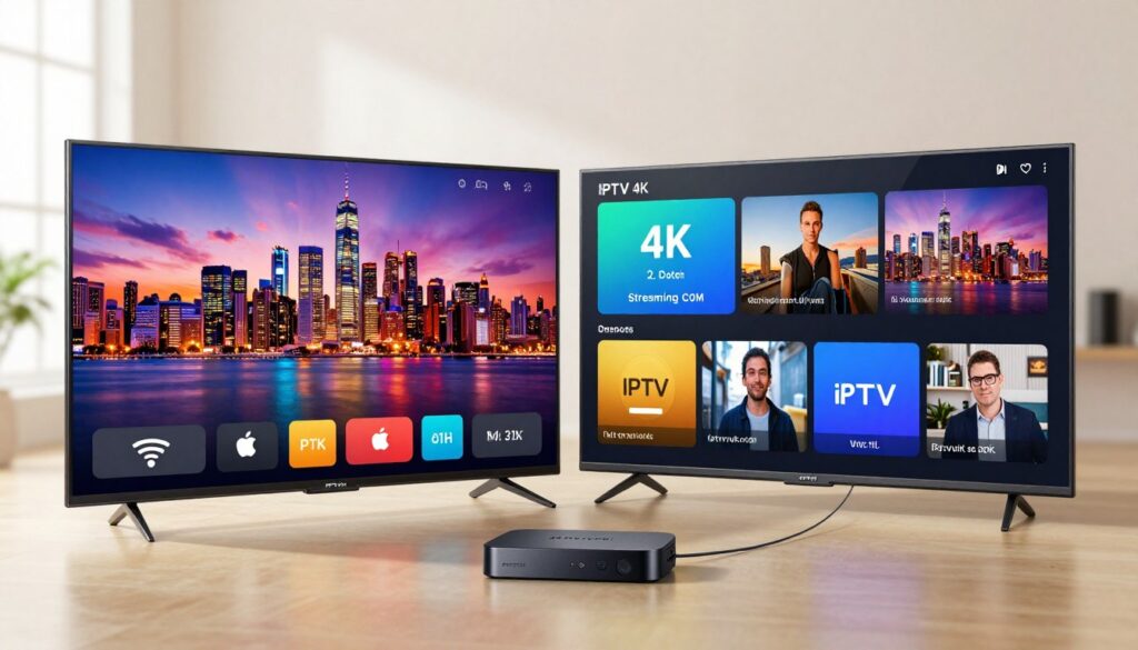A dynamic comparison display featuring the concept of IPTV 4K streaming quality. In the foreground, showcase a sleek 4K TV with vibrant colors, showing a vivid image of a city skyline. Include a small, modern streaming device labeled "IPTVVUK.COM" next to the TV. In the middle ground, depict side-by-side comparisons of different streaming interfaces, each displaying distinct qualities, such as clarity, color accuracy, and detail level. Use soft, natural lighting to enhance the details and create a welcoming atmosphere. In the background, blend subtle silhouettes of tech gadgets and digital streaming icons to suggest a tech-savvy environment. Capture a balanced composition from a slightly elevated angle, evoking a sense of innovation and quality in IPTV services. A dynamic comparison display featuring the concept of IPTV 4K streaming quality. In the foreground, showcase a sleek 4K TV with vibrant colors, showing a vivid image of a city skyline. Include a small, modern streaming device labeled "IPTVVUK.COM" next to the TV. In the middle ground, depict side-by-side comparisons of different streaming interfaces, each displaying distinct qualities, such as clarity, color accuracy, and detail level. Use soft, natural lighting to enhance the details and create a welcoming atmosphere. In the background, blend subtle silhouettes of tech gadgets and digital streaming icons to suggest a tech-savvy environment. Capture a balanced composition from a slightly elevated angle, evoking a sense of innovation and quality in IPTV services.