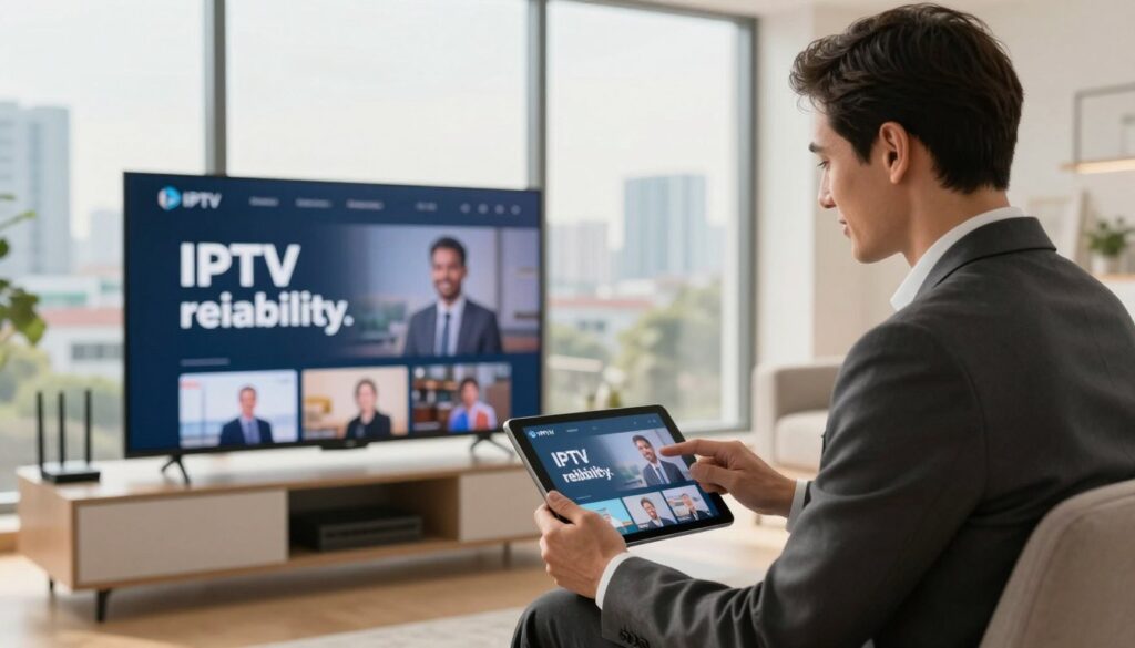A dynamic scene illustrating the concept of "IPTV service reliability." In the foreground, a confident business professional in a smart business suit, examining a tablet displaying streaming content, symbolizing quality service. In the middle, a detailed depiction of a modern living room with a sleek TV, surrounded by cables and a stable Wi-Fi router, emphasizing connectivity and reliability. The background showcases a serene urban landscape through large windows, bathed in soft, natural light to create a trustworthy atmosphere. The overall mood is optimistic and professional, reflecting confidence in IPTV services. The logo "IPTVVUK.COM" subtly integrated into the tablet screen design without any text or overlays. The composition should have a warm color palette, with a focus on clarity and stability, conveying a sense of security in IPTV offerings.