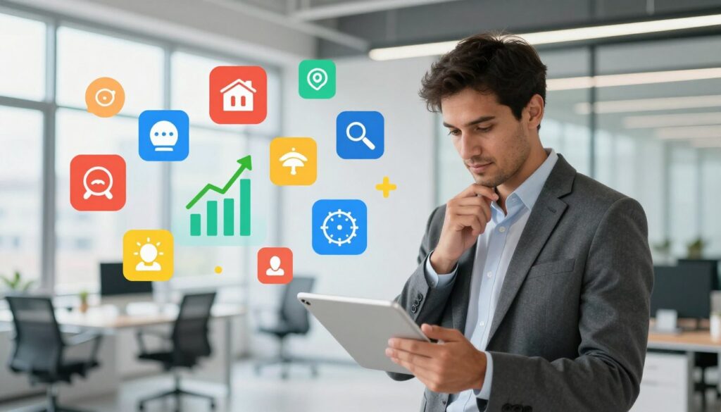 A dynamic, visually appealing illustration depicting the benefits of becoming an IPTV reseller. In the foreground, a confident professional wearing business attire, thoughtfully analyzing data on a tablet, symbolizing strategic decision-making. In the middle, an array of vibrant icons representing key benefits such as profit growth, customer satisfaction, and ease of entry into the market, floating around the professional. In the background, a sleek, modern office environment with large windows allowing natural light to flood the space, creating a bright and positive atmosphere. The scene conveys a sense of opportunity and innovation, emphasizing the potential of IPTV services. Include the brand name "IPTVVUK.COM" subtly integrated into the office design, maintaining a professional appearance without overpowering the composition.