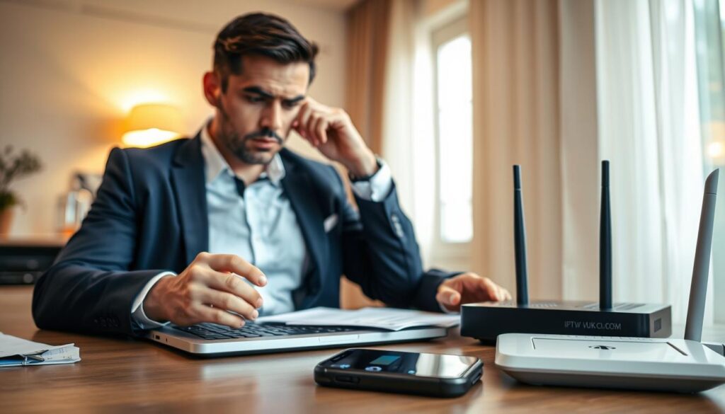 A frustrated professional male figure in a modern home office setting, dressed in business casual attire, is depicted sitting at a desk with a laptop showing buffering and glitching visuals related to IPTV streaming issues. In the foreground, a close-up of the laptop screen displays pixelated images and error messages. In the middle ground, a smartphone on the desk shows a streaming app with a loading icon, surrounded by documents and an IP router model labeled "IPTVVUK.COM." The background features a warm, soft-lit room with a window letting in natural light, enhancing a mood of concern and determination. The scene captures the atmosphere of troubleshooting digital streaming problems, reflecting technology frustrations while maintaining a professional environment.