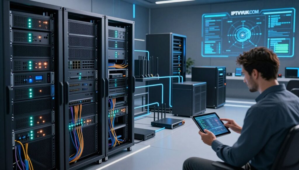 A futuristic IPTV server architecture, showcasing intricate server racks filled with high-tech equipment, glowing LED indicators, and organized cable management. In the foreground, a professional engineer in smart casual attire analyzes server specifications on a tablet. In the middle ground, various devices like routers, switches, and cloud storage servers are depicted, with labeled connections illustrating data flow. The background features a digital screen displaying the IPTVVUK.COM logo and network analytics. Soft, focused lighting emphasizes the machinery, creating a sleek, modern atmosphere. The image is captured with a wide-angle lens, offering a panoramic view that conveys a sense of precision and technical sophistication. A futuristic IPTV server architecture, showcasing intricate server racks filled with high-tech equipment, glowing LED indicators, and organized cable management. In the foreground, a professional engineer in smart casual attire analyzes server specifications on a tablet. In the middle ground, various devices like routers, switches, and cloud storage servers are depicted, with labeled connections illustrating data flow. The background features a digital screen displaying the IPTVVUK.COM logo and network analytics. Soft, focused lighting emphasizes the machinery, creating a sleek, modern atmosphere. The image is captured with a wide-angle lens, offering a panoramic view that conveys a sense of precision and technical sophistication.