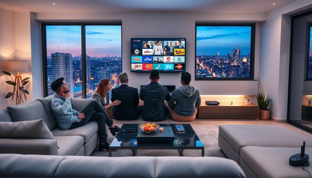 A high-tech living room showcasing a family enjoying IPTV services. In the foreground, a diverse group of three people—two adults and a teenager—are seated comfortably on a modern couch, watching a large wall-mounted smart TV that displays vibrant channels. The adults are dressed in smart casual business attire, while the teenager wears a stylish hoodie. In the middle ground, there are sleek furniture pieces, a stylish coffee table with snacks, and a glowing streaming device connecting to the TV. The background features a minimalist interior with soft, ambient lighting. A large window reveals a city skyline at dusk, adding warmth with golden hues. The atmosphere feels relaxed and engaging, emphasizing the shift from traditional cable to modern IPTV viewing. Include subtle branding for "IPTVVUK.COM" integrated into a decorative item in the room.