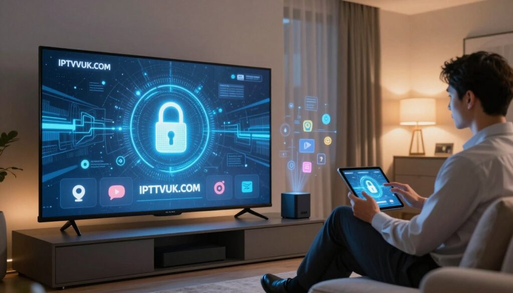 A high-tech visualization of IPTV security features, showcasing a futuristic living room setup. In the foreground, a sleek, modern television displays an encrypted interface with glowing digital padlocks, symbolizing security. Midground elements include a secure streaming device connected to the TV, surrounded by various streaming icons representing premium services. The background features a soft focus of a digital network pattern, implying a vast, interconnected web of data. The room is illuminated with warm, ambient lighting, creating an inviting yet secure atmosphere. A professional individual in business attire, sitting confidently on a couch, analyzes data on a tablet, embodying the theme of security and privacy considerations. The image prominently displays the brand name "IPTVVUK.COM" integrated into the digital interface, enhancing the theme without distractions.