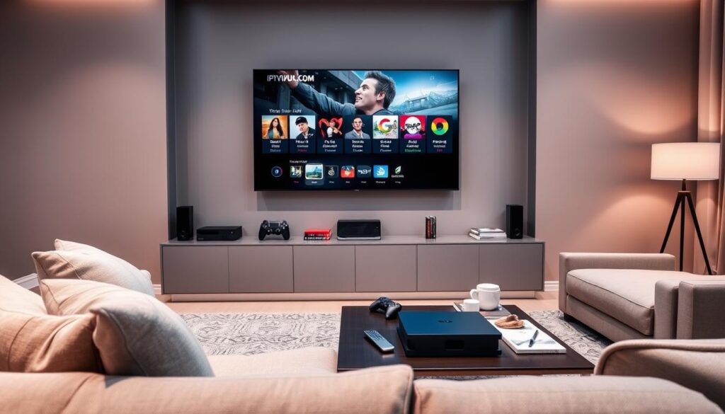 A modern IPTV streaming setup, showcasing a sleek living room with a large flat-screen TV mounted on the wall, displaying the IPTVVUK.COM interface on the screen. In the foreground, a cozy couch with soft pillows invites viewers to sit back and enjoy. On a stylish coffee table, there are gadgets like a remote control, a streaming device, and some snacks. The middle ground features a decorative shelf with gaming consoles and books. The background includes soft ambient lighting, creating a warm and inviting atmosphere. Use a wide-angle perspective to capture the entire setup, emphasizing the comfort and modernity of the space. The lighting should suggest a relaxing evening vibe, suitable for streaming movies and shows.