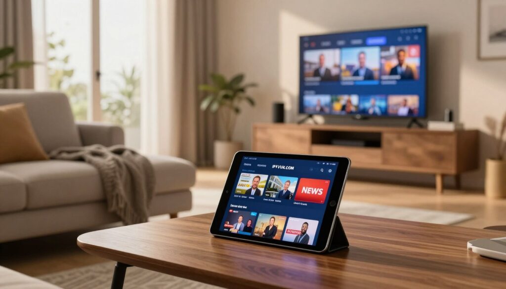 A modern and sleek IPTV streaming setup in a cozy living room environment. In the foreground, a stylish wooden coffee table holds a glossy tablet displaying the IPTVVUK.COM interface, with vibrant news channels visible. The middle ground features a plush, comfortable sofa with a neatly arranged throw blanket, inviting viewers to settle in for a streaming session. A contemporary wall-mounted TV showcases a news broadcast, casting a soft glow across the room. In the background, large windows let in warm, natural light, enhancing the relaxed atmosphere. The scene exudes a welcoming and tech-savvy vibe, perfect for engaging with news content, with attention to detail in furnishings and decor.