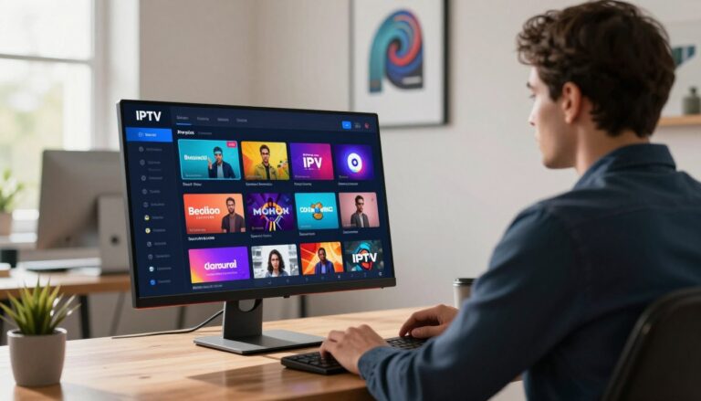 A modern and sleek digital workspace showcasing an IPTV playlist interface. In the foreground, a computer monitor displaying a vibrant IPTV playlist filled with colorful icons representing various channels and genres, suggesting an organized structure for easy browsing. The middle layer features a well-dressed professional, sitting at a stylish desk, engaged in reviewing the playlist. Natural light filters through a nearby window, casting a warm glow over the scene. In the background, a minimalist wall with framed technology-themed artwork adds depth. The atmosphere conveys focus and professionalism, emphasizing the importance of safe and legal IPTV source selection. Include the brand name "IPTVVUK.COM" subtly integrated into the interface design.