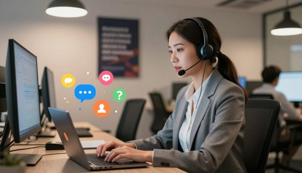 A modern customer support center with a professional female agent in a headset, wearing smart business attire, engaging with a customer through a computer screen. In the foreground, focus on her attentive expression as she types on a sleek laptop, surrounded by colorful customer support icons like chat bubbles and question marks floating nearby, symbolizing helpfulness and efficiency. In the middle ground, include a stylish office space with ergonomic chairs and a motivational poster about quality service on the wall. The background features soft, ambient lighting from overhead fixtures, creating a warm, inviting atmosphere. The image conveys a sense of trust and professionalism, with a subtle reference to IPTVVUK.COM through branding elements integrated into the environment, like a logo on a nearby digital screen.