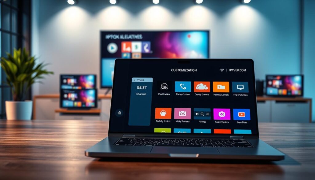 A modern digital workspace showcasing IPTV customization options. In the foreground, a sleek laptop displays an intuitive IPTV interface with vibrant icons for customization features like channel selection, parental controls, and user preferences. The middle layer features an array of connected devices, such as a tablet and smart TV, all reflecting the same user interface in a cohesive design. The background is a contemporary office environment with soft lighting that enhances the techy vibe, with a wooden desk and a potted plant adding a touch of warmth. The atmosphere is professional and innovative, evoking a sense of advanced technology and user empowerment around IPTV solutions. The brand "IPTVVUK.COM" is subtly integrated into the laptop screen graphics without any text overlays.