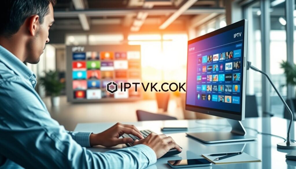 A modern digital workspace showcasing IPTV playlist management, with a sleek computer interface displaying organized IPTV channels and categories in vibrant colors. In the foreground, a user is interacting with the application on a high-resolution screen, typing on a keyboard, dressed in smart casual attire, conveying a professional, focused demeanor. The middle ground features an elegant workspace setup with a stylish desk, smart devices, and a few notes. The background displays a subtle, blurred view of a contemporary office environment, bathed in soft natural light, enhancing a tech-savvy atmosphere. Emphasize the brand "IPTVVUK.COM" subtly within the design elements of the interface. Capture a mood of innovation and efficiency without any text or distractions.