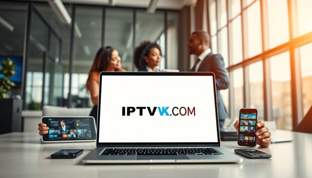 A modern digital workspace showcasing the biggest IPTV providers in 2023. In the foreground, feature a sleek laptop displaying the IPTVVUK.COM logo prominently on the screen, surrounded by high-tech devices like a tablet and smartphone featuring streaming interfaces. In the middle, place a diverse group of three professionals in business attire, engaged in a discussion about IPTV services, illustrating collaboration and innovation. The background should depict a stylish office environment with large windows allowing natural light to flood in, creating a bright and inviting atmosphere. Use a wide-angle lens effect to enhance depth, while maintaining focus on the professionals and the laptop. The mood should be energetic and forward-thinking, capturing the essence of the IPTV industry.