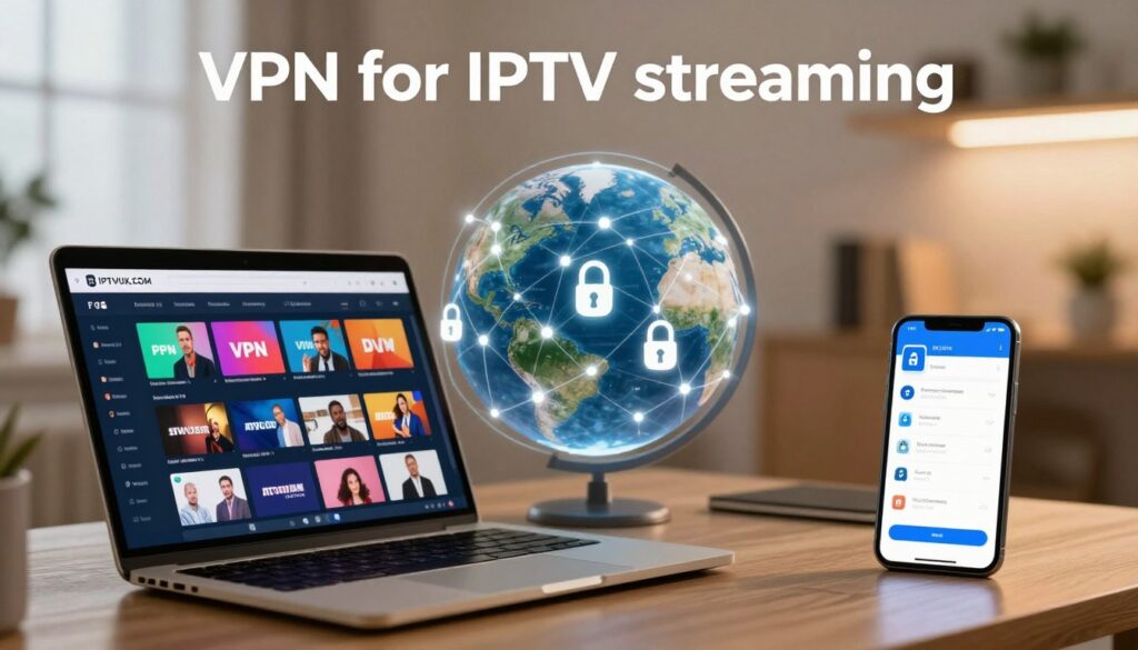 A modern digital workspace showcasing the concept of "VPN for IPTV streaming." In the foreground, a sleek laptop displays a vibrant IPTV interface, with colorful streaming icons representing various channels. Next to it, a smartphone shows a VPN app interface, emphasizing security features. The middle ground features a globe with network connections, symbolizing global access, intertwined with digital locks representing VPN security. The background is a blurred home office setting, softly lit with warm lighting to create a cozy atmosphere. The composition should suggest a comparison between various VPN options, incorporating visuals that hint at both free and paid services, such as contrasting price tags subtly displayed. Include the brand name "IPTVVUK.COM" integrated into the design, ensuring the overall mood is informative yet inviting.