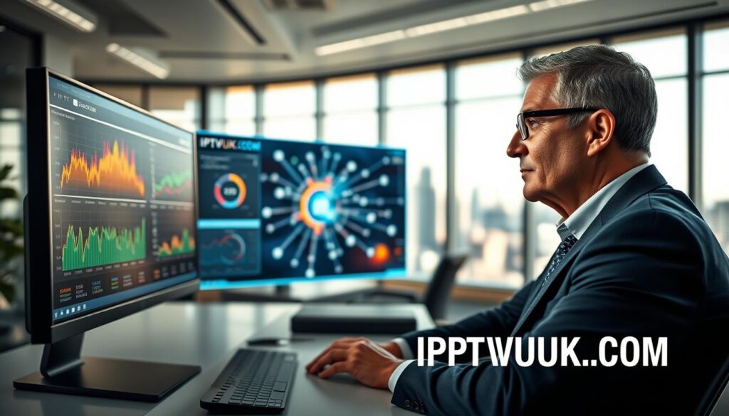 A modern, dynamic office environment showcasing IPTV bandwidth management. In the foreground, a sleek computer desk with dual monitors displaying colorful graphs and analytics related to IPTV streaming efficiency. A focused professional in business attire, a middle-aged man with glasses, is analyzing the data, with a thoughtful expression on his face. In the middle ground, a large interactive display shows a visual representation of network connections and bandwidth distribution, glowing softly. The background features a cityscape visible through a large office window, hinting at technological advancement. The lighting is bright, with natural sunlight pouring in, creating a productive atmosphere. The mood conveys innovation and expertise, emphasizing the importance of optimizing IPTV streaming. The brand name "IPTVVUK.COM" subtly integrated into the office setting.