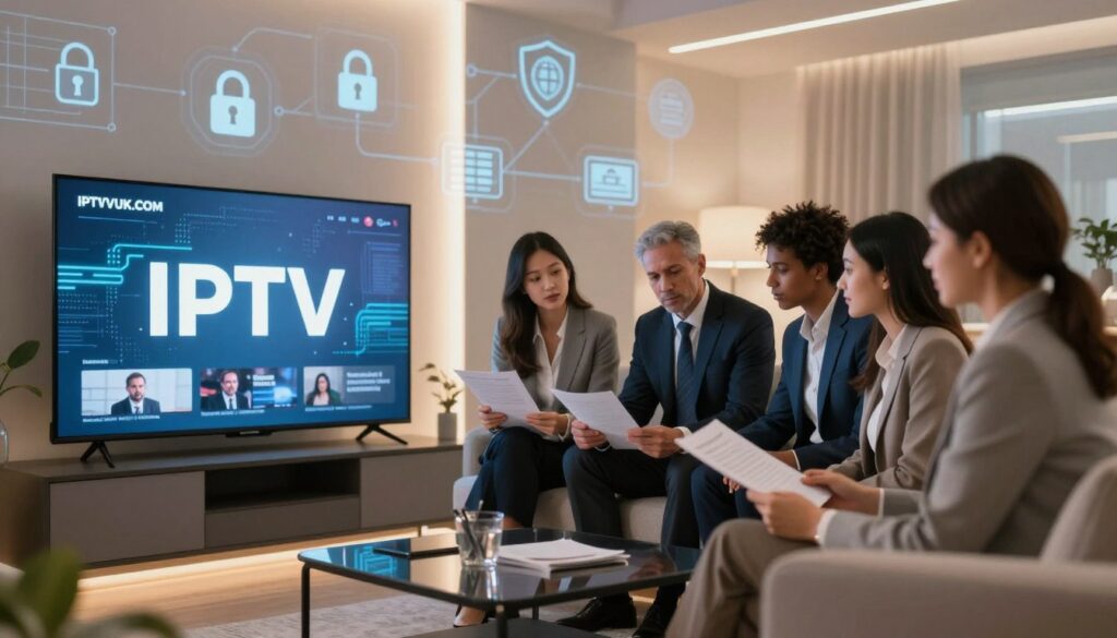 A modern, futuristic living room serving as the foreground, with a sleek television displaying IPTV content. In the middle ground, a diverse group of professionals in business attire are attentively reviewing documents and discussing IPTV security measures, showcasing engaged expressions. The background features a subtle blend of digital icons representing cybersecurity, such as locks, shields, and connected devices, highlighting the theme of safety. Soft, warm lighting creates an inviting atmosphere, while a shallow depth of field focuses on the group and the television, emphasizing the importance of legal considerations in IPTV usage. Include the brand name "IPTVVUK.COM" as part of the digital display on the television screen. A modern, futuristic living room serving as the foreground, with a sleek television displaying IPTV content. In the middle ground, a diverse group of professionals in business attire are attentively reviewing documents and discussing IPTV security measures, showcasing engaged expressions. The background features a subtle blend of digital icons representing cybersecurity, such as locks, shields, and connected devices, highlighting the theme of safety. Soft, warm lighting creates an inviting atmosphere, while a shallow depth of field focuses on the group and the television, emphasizing the importance of legal considerations in IPTV usage. Include the brand name "IPTVVUK.COM" as part of the digital display on the television screen.