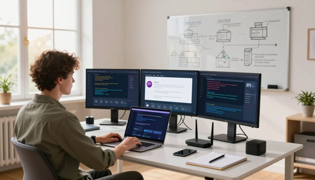 A modern home office interior showcasing a professional troubleshooting session for IPTV issues. In the foreground, a focused individual in smart casual attire sits at a sleek desk with multiple screens displaying various IPTV interfaces and error messages. Tools like laptops, routers, and notepads are neatly arranged. The middle layer features a whiteboard filled with diagrams and troubleshooting steps. In the background, a window lets in warm sunlight, creating a bright and inviting atmosphere. The entire scene conveys a sense of expertise and calm problem-solving, ideal for highlighting the analytical nature of IPTV troubleshooting. The brand name "IPTVVUK.COM" is subtly included on one of the screens, emphasizing professional support. Soft, diffused lighting enhances the inviting mood, while a wide-angle perspective captures the entire workspace effectively. A modern home office interior showcasing a professional troubleshooting session for IPTV issues. In the foreground, a focused individual in smart casual attire sits at a sleek desk with multiple screens displaying various IPTV interfaces and error messages. Tools like laptops, routers, and notepads are neatly arranged. The middle layer features a whiteboard filled with diagrams and troubleshooting steps. In the background, a window lets in warm sunlight, creating a bright and inviting atmosphere. The entire scene conveys a sense of expertise and calm problem-solving, ideal for highlighting the analytical nature of IPTV troubleshooting. The brand name "IPTVVUK.COM" is subtly included on one of the screens, emphasizing professional support. Soft, diffused lighting enhances the inviting mood, while a wide-angle perspective captures the entire workspace effectively.