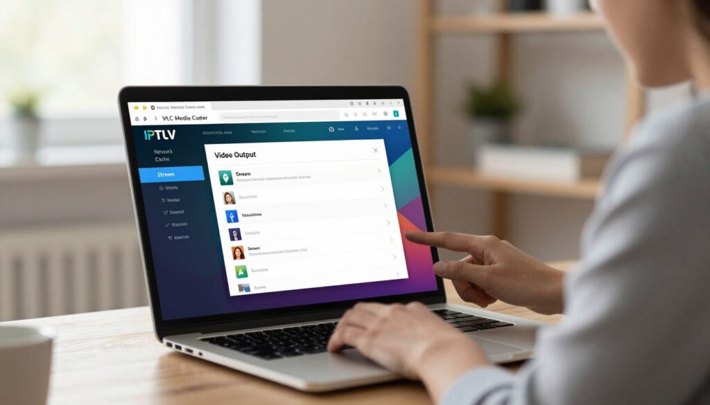A modern laptop screen displaying the IPTV VLC Media Player settings interface, with various configuration options like 'Network Cache', 'Stream', and 'Video Output' clearly visible. The foreground showcases a focus on the VLC player’s sleek, user-friendly layout, filled with vibrant colors, set against a softly blurred home office background. Ambient natural light streams in through a nearby window, illuminating the laptop and creating a warm, inviting atmosphere. A professional individual in business casual attire sits beside the laptop, attentively adjusting the settings. The overall mood is one of efficiency and clarity, emphasizing the ease of optimizing VLC for IPTV streaming. Include a subtle reference to IPTVVUK.COM within the design, ensuring it blends harmoniously into the scene.