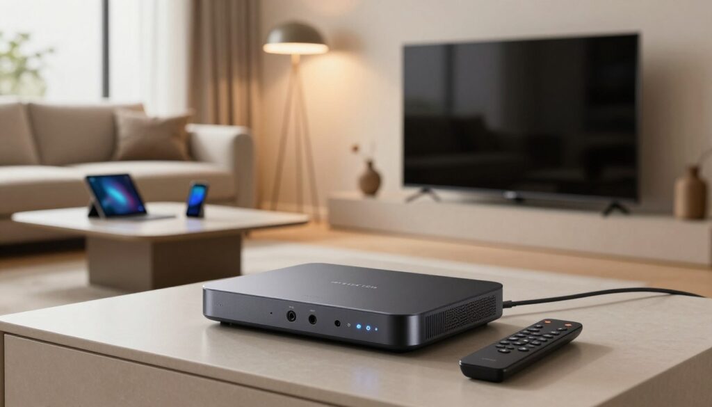 A modern living room featuring a sleek IPTV device connected to a large flat-screen TV. In the foreground, the IPTV device is elegantly designed with a minimalist aesthetic, showcasing ports and remote control. In the middle ground, a comfortable sofa is positioned facing the TV, with a stylish coffee table adorned with a few smart devices like a tablet and smartphone, suggesting interconnectivity. The background includes warm, ambient lighting softly illuminating the room, with a large window allowing natural light to flood in, enhancing the cozy atmosphere. The scene reflects a lifestyle shift towards IPTV, emphasizing convenience and modern entertainment. The brand name "IPTVVUK.COM" should be subtly incorporated into the design of the IPTV device.