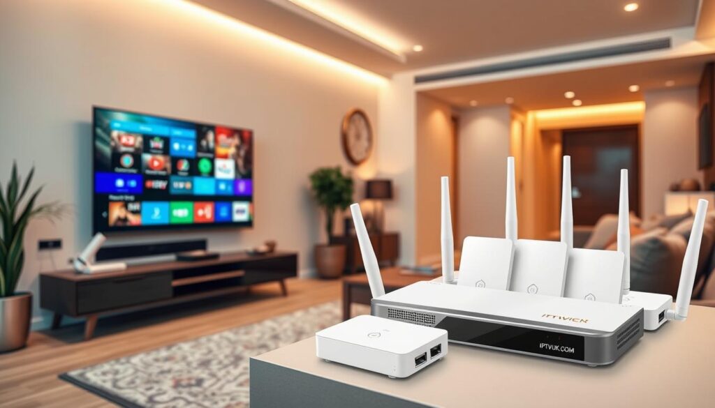 A modern living room featuring a sleek IPTV setup. In the foreground, a stylish set-top box is connected to a wall-mounted flat-screen TV, displaying a vibrant, colorful interface of IPTV channels. The middle layer includes a mesh network system, composed of several compact white units spread around the room, providing a strong Wi-Fi signal. The background showcases a cozy sofa and minimalistic decor, with warm, ambient lighting that creates an inviting atmosphere. A soft focus enhances the details of the technology, with a slightly elevated angle capturing both the set-top box and mesh network clearly. The brand name "IPTVVUK.COM" is subtly integrated into the scene, adding a professional touch to the image.