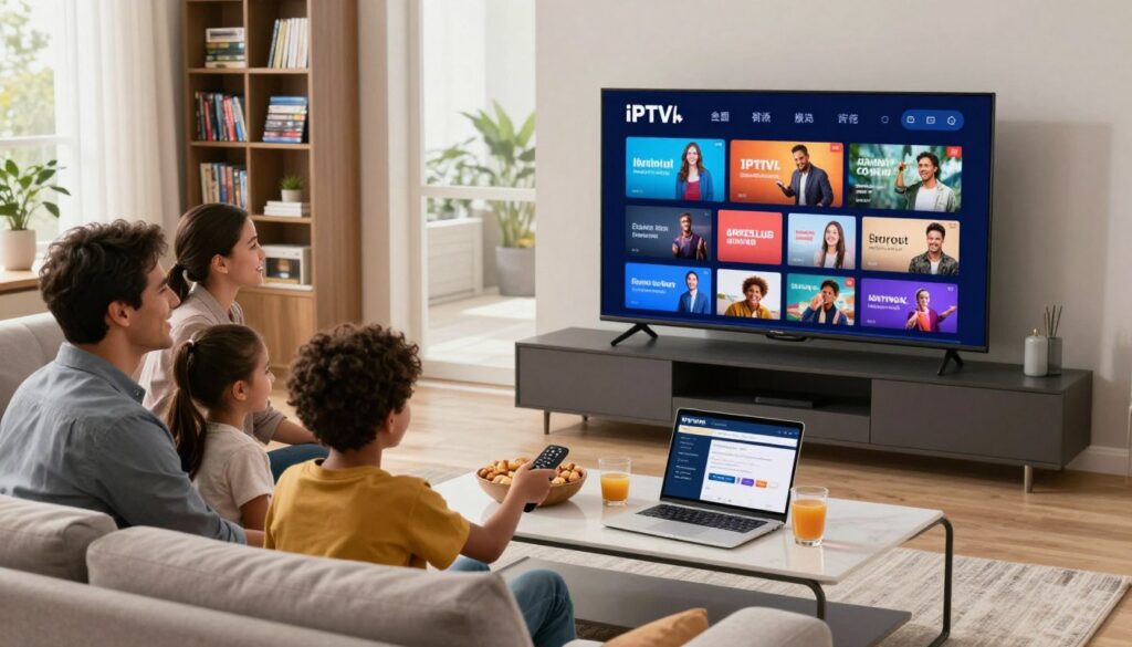 A modern living room scene depicting a family enjoying IPTV content on a large, sleek flat-screen TV. In the foreground, a diverse family of four—two adults in professional casual attire and two children—are sitting on a comfortable sofa, smiling as they interact with a remote control. The TV displays a vibrant array of streaming options, hinting at global content access. In the middle ground, a stylish coffee table holds snacks and drinks, and a laptop is open, showing IPTVVUK.COM's interface. The background features a bookshelf filled with DVDs and books, with soft, natural lighting streaming through a large window, creating a warm and inviting atmosphere. The overall mood conveys enjoyment and modernity, illustrating the shift from traditional cable to dynamic IPTV solutions. A modern living room scene depicting a family enjoying IPTV content on a large, sleek flat-screen TV. In the foreground, a diverse family of four—two adults in professional casual attire and two children—are sitting on a comfortable sofa, smiling as they interact with a remote control. The TV displays a vibrant array of streaming options, hinting at global content access. In the middle ground, a stylish coffee table holds snacks and drinks, and a laptop is open, showing IPTVVUK.COM's interface. The background features a bookshelf filled with DVDs and books, with soft, natural lighting streaming through a large window, creating a warm and inviting atmosphere. The overall mood conveys enjoyment and modernity, illustrating the shift from traditional cable to dynamic IPTV solutions.