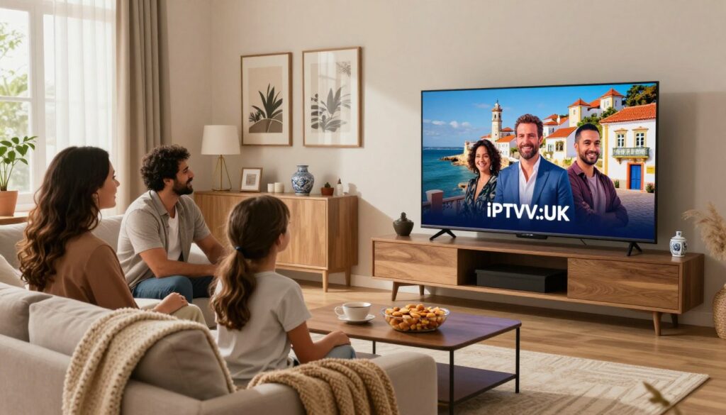 A modern living room scene featuring a family enjoying a high-quality IPTV experience, with a large flat-screen TV displaying vibrant images of Portuguese landscapes and cultural icons. The foreground includes a comfortable sofa with a cozy blanket and snacks on a coffee table. In the middle ground, the family is gathered, smiling and engaged, dressed in smart casual attire. The background showcases a stylish interior with warm lighting, accentuating the inviting atmosphere. The room is decorated with elements reflecting Portuguese culture, such as framed art and traditional ceramics. The image should convey a sense of togetherness, joy, and technological advancement, highlighting the enjoyment of IPTV services like IPTVVUK.COM. Use soft, natural light to enhance the warm and welcoming mood.