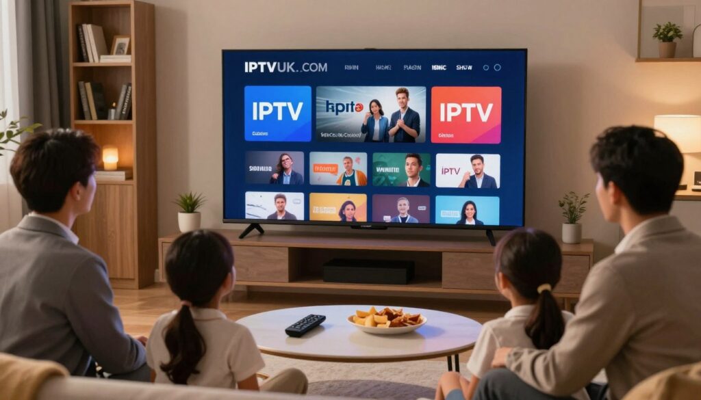 A modern living room scene featuring a large, sleek television displaying various IPTV provider features like high-definition streaming, a user-friendly interface, and diverse content options. In the foreground, a family of four in professional business attire is engaging with the TV, showcasing their enjoyment of IPTV as part of their evening routine. The middle ground includes a stylish coffee table with a remote control and snacks, while the background reveals a cozy atmosphere with warm lighting, soft cushions, and a bookshelf. The image captures a sense of connection and relaxation, demonstrating the appeal of IPTV. Emphasize the brand "IPTVVUK.COM" subtly displayed on the screen. The mood is inviting and informative, highlighting the significance of choosing the right IPTV service.
