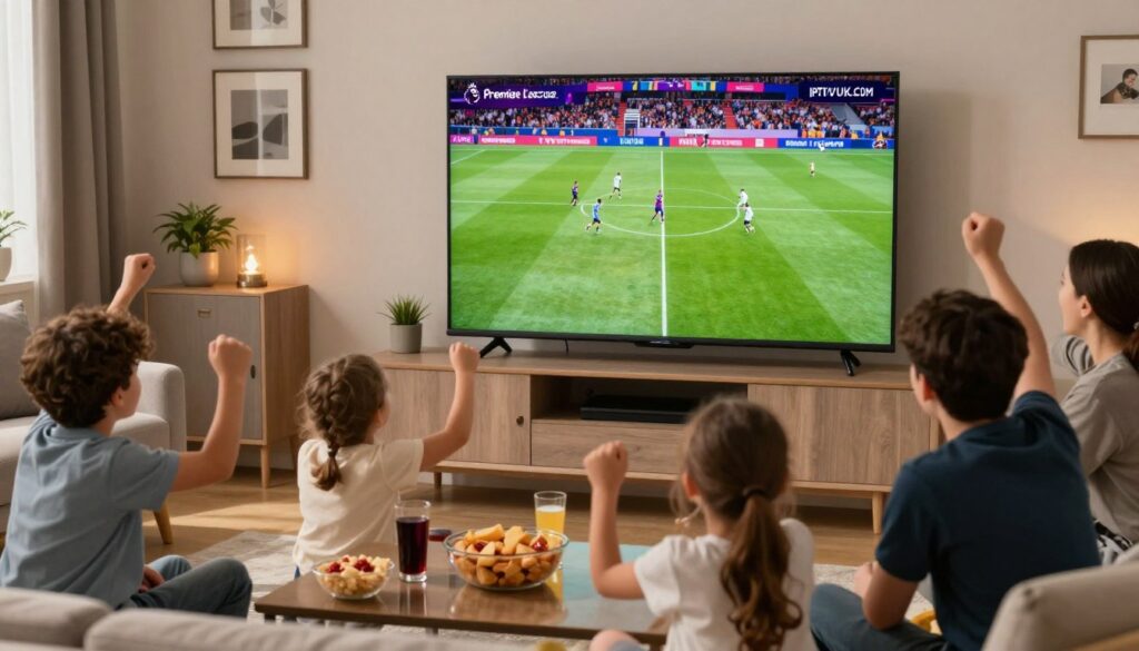A modern living room setting depicting a family comfortably watching IPTV on a large flat-screen TV, with the screen showcasing a vibrant Premier League football match. In the foreground, a coffee table holds snacks and drinks, creating a cozy atmosphere. The middle layer features the family, dressed in casual but neat attire, with expressions of excitement as they cheer for their favorite team. The background displays a well-decorated room with warm lighting, conveying a sense of comfort and togetherness. A subtle emphasis on the IPTV service logo "IPTVVUK.COM" appears elegantly on the TV screen, without text overlay or any watermark, enhancing the focus on the IPTV streaming experience. The overall mood is relaxed yet lively, encapsulating the thrill of watching live sports at home.