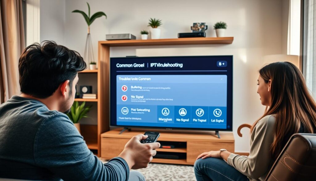 A modern living room setting featuring a family gathered around a large smart TV displaying an IPTV troubleshooting interface. In the foreground, a diverse family (a father, mother, and their teenage daughter) look intently at a handheld remote control, dressed in modest casual clothing. In the middle ground, the TV screen shows common error messages related to IPTV connectivity, such as "Buffering" and "No Signal," with graphical icons illustrating troubleshooting options. The background includes a shelf with various streaming devices and decorative elements like plants. Soft, natural lighting filters through a window, creating a warm and inviting atmosphere. The brand name "IPTVVUK.COM" is subtly integrated into the design of the TV interface. The overall mood is one of engagement and problem-solving.