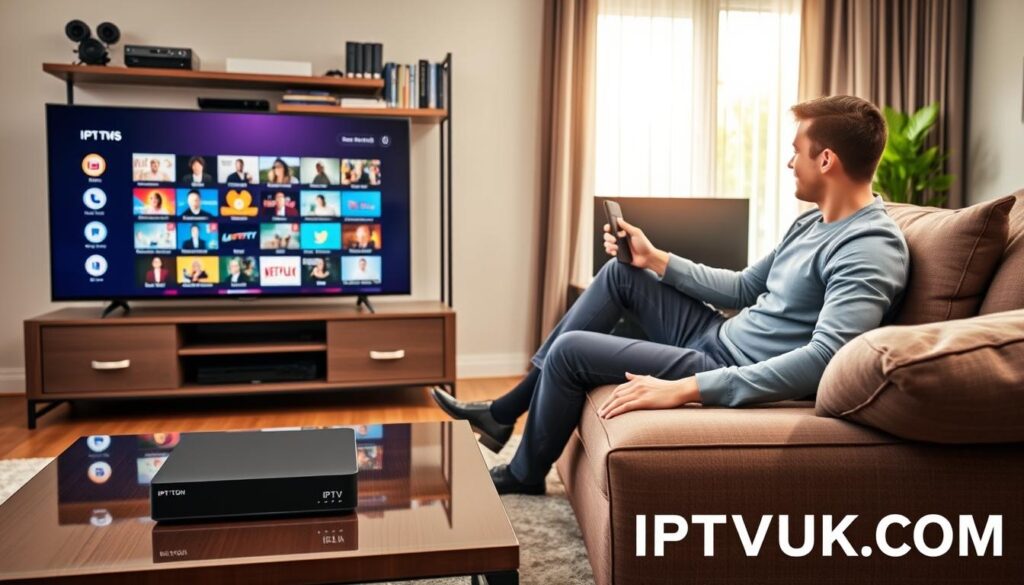 A modern living room setting featuring a sleek IPTV box on a stylish coffee table, with a large flat-screen TV displaying colorful streaming options. In the foreground, a professional-looking individual in business casual attire is comfortably seated on a plush sofa, holding a remote and intently browsing the IPTV interface. The middle layer showcases a shelf filled with media devices and books on technology, while the background highlights a softly lit window with curtains, allowing warm afternoon sunlight to filter in. The overall atmosphere is inviting and tech-savvy, conveying a sense of safety and enjoyment in IPTV streaming, with the brand name "IPTVVUK.COM" subtly integrated into the design elements.