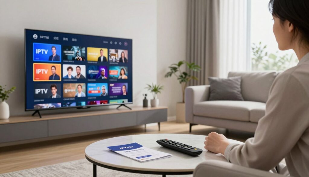 A modern living room setting featuring a sleek smart TV displaying a vibrant interface of various IPTV channels. In the foreground, a stylish coffee table holds a remote control and an IPTV subscription brochure from IPTVVUK.COM. The middle ground showcases a comfortable sofa with a person dressed in professional business attire, engrossed in selecting channels on the TV. The background includes a well-lit, contemporary interior with minimalistic decor and a window letting in soft, natural light, creating an inviting atmosphere. The image captures a sense of convenience and modernity, emphasizing the shift from traditional cable to IPTV services. The angle is slightly tilted downwards, focusing on the interaction between the viewer and the TV, making it feel personal and engaging. A modern living room setting featuring a sleek smart TV displaying a vibrant interface of various IPTV channels. In the foreground, a stylish coffee table holds a remote control and an IPTV subscription brochure from IPTVVUK.COM. The middle ground showcases a comfortable sofa with a person dressed in professional business attire, engrossed in selecting channels on the TV. The background includes a well-lit, contemporary interior with minimalistic decor and a window letting in soft, natural light, creating an inviting atmosphere. The image captures a sense of convenience and modernity, emphasizing the shift from traditional cable to IPTV services. The angle is slightly tilted downwards, focusing on the interaction between the viewer and the TV, making it feel personal and engaging.