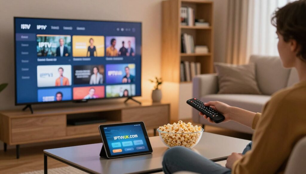 A modern living room setting featuring a sleek smart TV displaying an IPTV channel selection interface. In the foreground, a stylish coffee table is adorned with a remote control, a bowl of popcorn, and a digital tablet showcasing IPTVVUK.COM. The middle ground highlights a comfortable sofa with a person in smart casual attire, actively browsing channels with the remote. In the background, warm ambient lighting creates a cozy atmosphere, while a soft-focus bookshelf filled with DVDs and books adds depth. The scene conveys a sense of relaxation and engagement, inviting viewers to explore quality IPTV options. Use soft lighting to enhance the inviting mood, with a slight overhead angle to emphasize the interaction with the IPTV system.