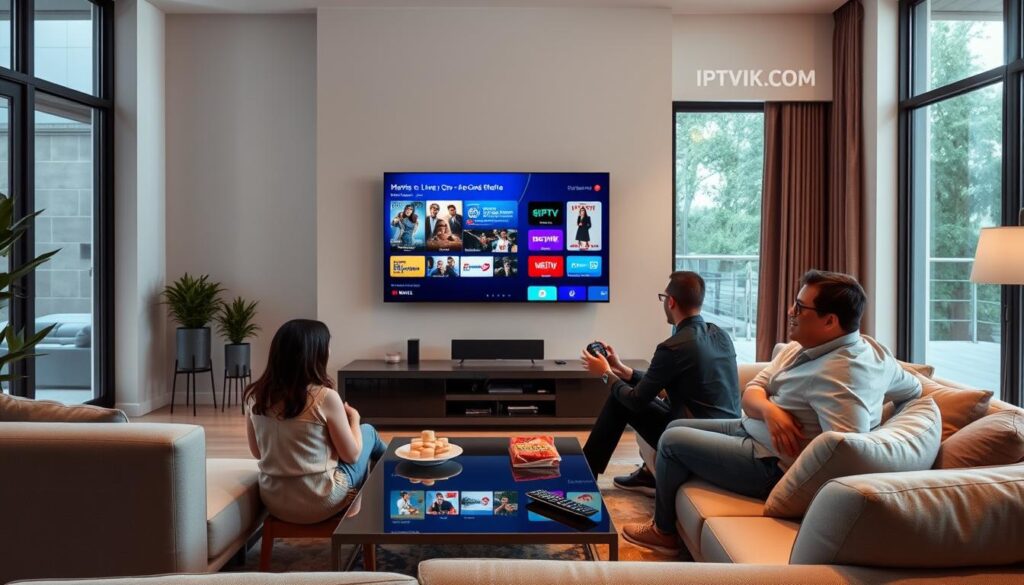 A modern living room setting featuring a sophisticated TV displaying a vibrant IPTV interface, showcasing various streaming options for movies, live sports, and on-demand shows. In the foreground, a family gathers on a stylish couch, engaging with the IPTV service on the screen, dressed in casual yet professional attire, reflecting a cozy bonding moment. The middle ground features a sleek coffee table with a remote control and snacks, emphasizing relaxation and enjoyment. In the background, large windows allow natural light to flood the room, creating a warm, inviting atmosphere. Soft, ambient lighting accentuates the modern decor, with a focus on comfort and technology. Include subtle branding of "IPTVVUK.COM" on the TV interface, ensuring a clean and polished look.