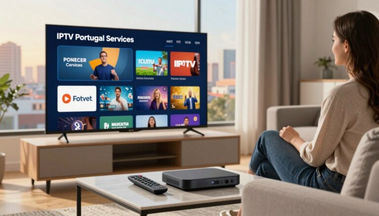 A modern living room setting highlighting "IPTV Portugal Services," featuring a sleek television displaying various streaming options. In the foreground, a stylish coffee table with a remote control and streaming device, emphasizing user-friendly technology. The middle ground showcases a cozy sofa with a person casually dressed in professional attire, engaged in viewing content on the TV, reflecting the joyous experience of IPTV services. The background hints at a vibrant cityscape through a large window, bathed in warm, natural daylight that creates an inviting atmosphere. The overall mood is one of relaxation and entertainment, with a focus on quality service. The brand name "IPTVVUK.COM" subtly integrated into the design elements, enhancing the theme of informed choices in IPTV subscriptions.