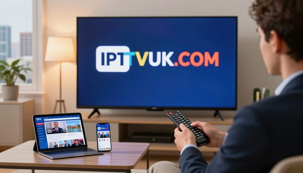A modern living room setting showcasing a sleek, large flat-screen television displaying the logo "IPTVVUK.COM" prominently in vibrant colors. In the foreground, a professional-looking individual in business attire is interacting with a remote control, deeply engaged in choosing channels. The middle layer features various technology devices like tablets and smartphones displaying news apps, emphasizing the variety and accessibility of IPTV services. The background presents a cozy, well-lit atmosphere with soft, warm lighting that enhances the inviting feel of the space. There's a cityscape view through a window, hinting at the global nature of news streaming. The mood is focused and informative, capturing the essence of selecting the right news IPTV service.