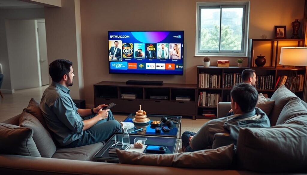 A modern living room setting that embodies the concept of legal IPTV services, featuring a sleek flat-screen television displaying a vibrant interface of IPTVVUK.COM. In the foreground, a professional-looking man in casual yet tidy attire is seated on a comfortable sofa, intently browsing through channels on a remote. The middle ground showcases an elegant coffee table with snacks and tech gadgets, while the background features a stylish bookshelf filled with media guides and technology books. Soft, warm lighting creates an inviting atmosphere, with natural sunlight filtering through a window, enhancing the scene's cozy feel. The overall mood conveys confidence in safe streaming practices, focusing on lawful home entertainment.