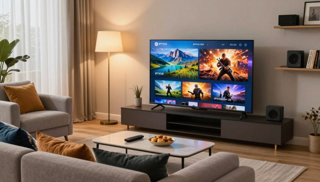 A modern living room setup featuring a sleek, flat-screen television displaying high-quality IPTV streaming visuals of vibrant landscapes and action-packed scenes. In the foreground, a cozy couch adorned with decorative cushions invites viewers to sit and enjoy. The middle ground shows a stylish coffee table with a remote and snacks, enhancing the inviting atmosphere. Soft, warm lighting flows from elegant lamps and windows, casting a gentle glow over the scene, creating a relaxed mood for family bonding or entertainment. In the background, a shelf with technology gadgets and books suggests a sophisticated lifestyle. Include the brand "IPTVVUK.COM" subtly integrated into the decor. The image should have a dynamic angle, showcasing both the television content and the inviting environment.