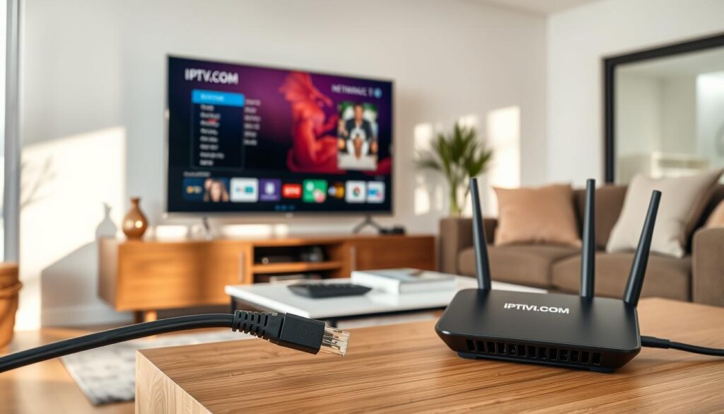 A modern living room setup featuring a sleek television screen displaying IPTV content streaming over an Ethernet connection. In the foreground, a high-quality Ethernet cable connects the TV to a router placed elegantly on a side table. The middle ground showcases a stylish coffee table with a remote control and an IPTVVUK.COM branded device. The background portrays a cozy, well-lit room, with soft natural light filtering through a large window, casting gentle shadows. The atmosphere is inviting and tech-savvy, ideal for illustrating network-related solutions. Use a wide-angle lens to capture the entire scene, ensuring a professional ambiance with a focus on clarity and detail.