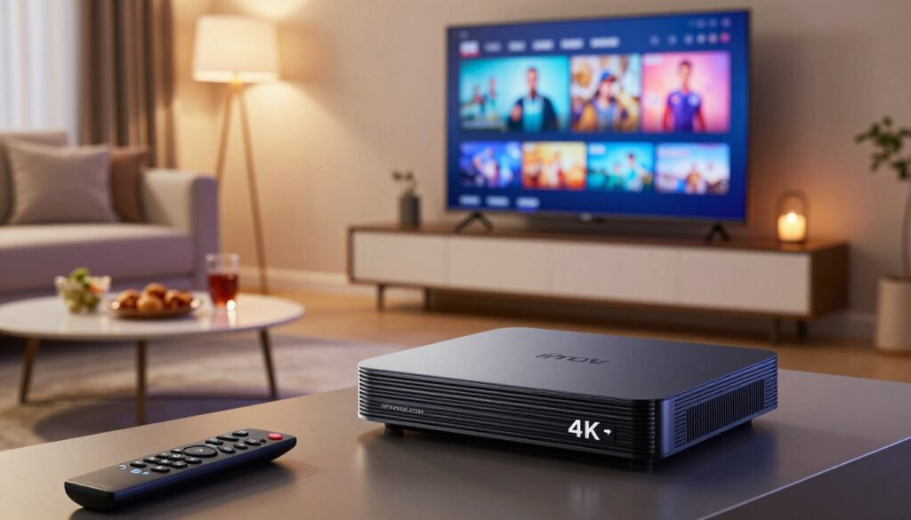 A modern living room setup showcasing a sleek IPTV 4K device prominently placed on a stylish TV stand, with a large 4K television displaying vibrant, high-definition content. In the foreground, include a remote control featuring intuitive buttons. The middle ground features a comfortable sofa with plush cushions, and a small coffee table with snacks and drinks, setting a cozy atmosphere. The background reveals soft ambient lighting, with a warm and inviting mood, ideally lit to highlight the technology. Use a slight angle from a lower perspective to emphasize the IPTV device and the TV screen, capturing a high-end feel. Ensure the scene reflects the notion of advanced technology and home entertainment. Brand name "IPTVVUK.COM" subtly integrated into the design of the IPTV device. A modern living room setup showcasing a sleek IPTV 4K device prominently placed on a stylish TV stand, with a large 4K television displaying vibrant, high-definition content. In the foreground, include a remote control featuring intuitive buttons. The middle ground features a comfortable sofa with plush cushions, and a small coffee table with snacks and drinks, setting a cozy atmosphere. The background reveals soft ambient lighting, with a warm and inviting mood, ideally lit to highlight the technology. Use a slight angle from a lower perspective to emphasize the IPTV device and the TV screen, capturing a high-end feel. Ensure the scene reflects the notion of advanced technology and home entertainment. Brand name "IPTVVUK.COM" subtly integrated into the design of the IPTV device.