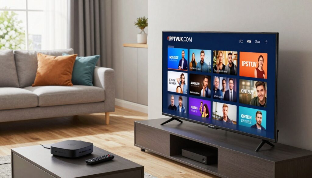 A modern living room setup showcasing various IPTV services. In the foreground, a sleek flat-screen television displays a vibrant interface with options for live television, movies, and on-demand content, featuring the brand name "IPTVVUK.COM." To the side, a stylish media console holds streaming devices and remote controls. In the middle ground, a cozy couch with colorful throw pillows invites viewers to sit and enjoy. The background features a well-lit room with soft natural light filtering through large windows adorned with contemporary curtains. The atmosphere is inviting and tech-savvy, suggesting a seamless entertainment experience. The angle is slightly above eye level, capturing the essence of modern home entertainment. A modern living room setup showcasing various IPTV services. In the foreground, a sleek flat-screen television displays a vibrant interface with options for live television, movies, and on-demand content, featuring the brand name "IPTVVUK.COM." To the side, a stylish media console holds streaming devices and remote controls. In the middle ground, a cozy couch with colorful throw pillows invites viewers to sit and enjoy. The background features a well-lit room with soft natural light filtering through large windows adorned with contemporary curtains. The atmosphere is inviting and tech-savvy, suggesting a seamless entertainment experience. The angle is slightly above eye level, capturing the essence of modern home entertainment.