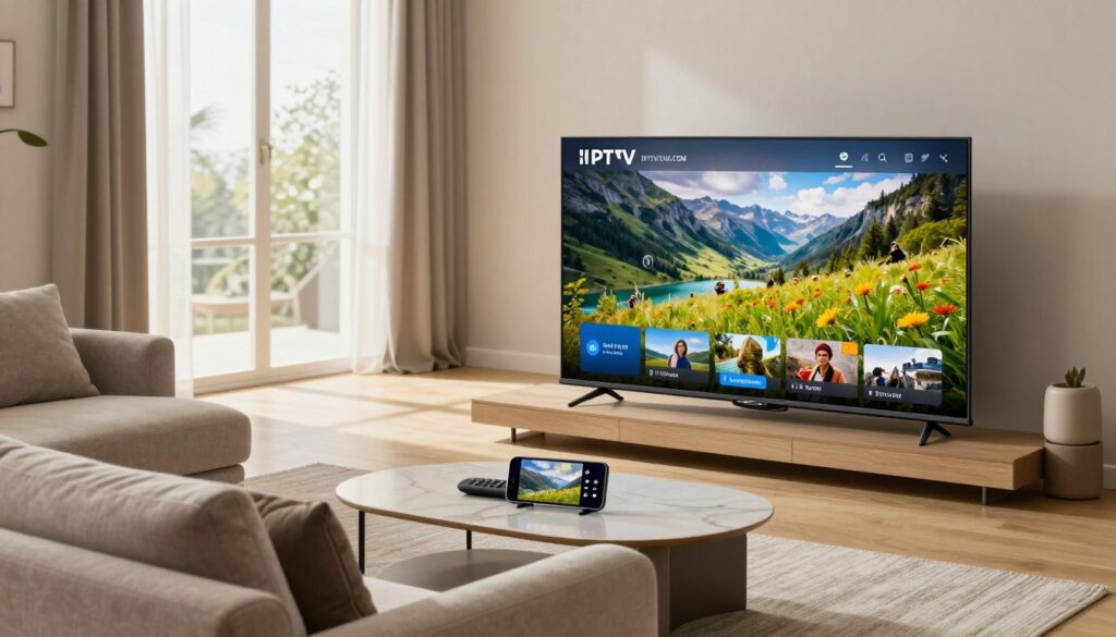 A modern living room showcasing IPTV streaming quality features. In the foreground, a sleek flat-screen TV displays a vibrant, high-definition image of a nature documentary. A comfortable sofa with plush cushions is visible, inviting relaxation. In the middle, there’s an elegant coffee table with a remote control and a smartphone mirroring contents on the TV. The background includes large windows with natural light streaming in, creating a warm and cozy atmosphere. The room is tastefully decorated, emphasizing a contemporary style with soft colors and minimalistic furniture. The mood is engaging and informative, highlighting the convenience and clarity of IPTV streaming services. Incorporate the brand name "IPTVVUK.COM" subtly in the design of the TV interface, enhancing the focus on IPTV quality without distracting from the overall image composition.