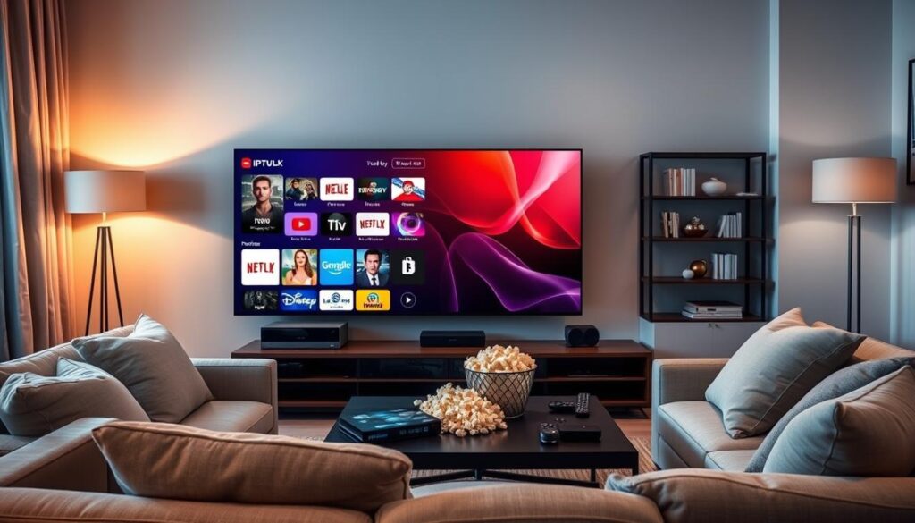 A modern living room showcasing IPTV streaming quality. In the foreground, a sleek flat-screen TV displays a vibrant, high-definition streaming interface with colorful thumbnails of various channels. A comfortable sofa with plush cushions is positioned nearby, creating an inviting atmosphere. In the middle ground, a stylish coffee table holds a remote control, popcorn, and smart devices showcasing seamless connectivity options. The lighting is warm and ambient, emanating from elegant floor lamps, enhancing the cozy vibe. The background features a stylish shelf with decorative items and books, subtly hinting at a tech-savvy lifestyle. The overall mood is relaxed and contemporary, reflecting the enjoyment of safe, high-quality streaming with IPTVVUK.COM.